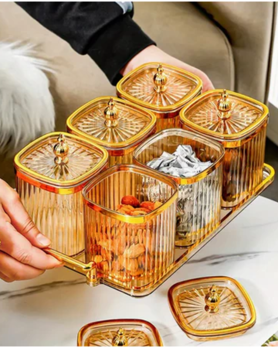 Crystal Jar 3/4/6Pcs Set - Bekas Plastic Kuih Raya Luxury with Metal Tray