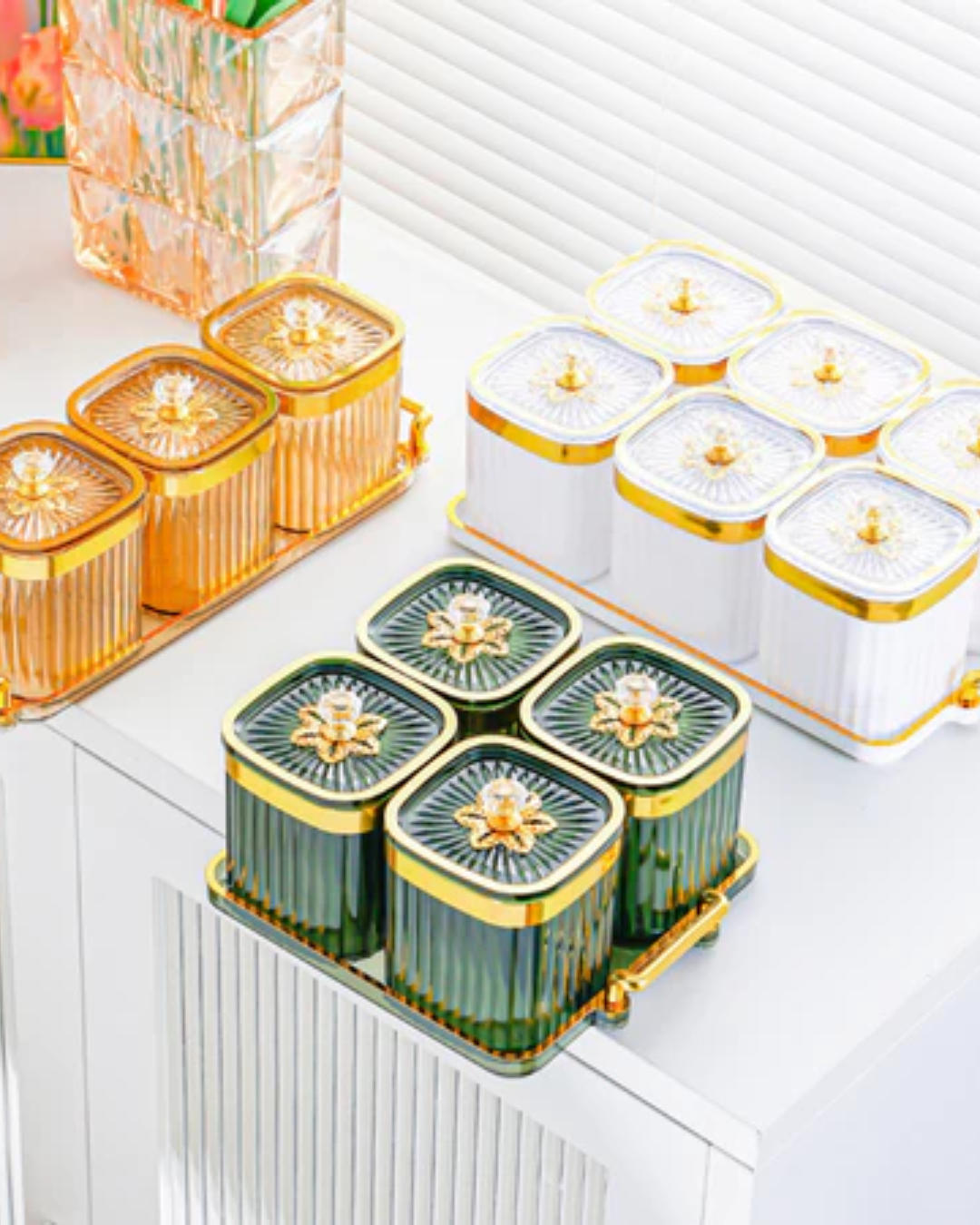 Crystal Jar 3/4/6Pcs Set - Bekas Plastic Kuih Raya Luxury with Metal Tray