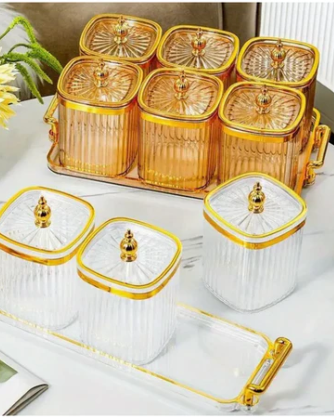 Crystal Jar 3/4/6Pcs Set - Bekas Plastic Kuih Raya Luxury with Metal Tray