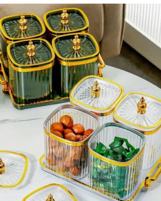 Crystal Jar 3/4/6Pcs Set - Bekas Plastic Kuih Raya Luxury with Metal Tray